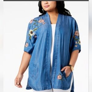 NWT Macy's Floral Embroider Denim Chambray Kimono Shacket Jacket Cardigan
